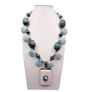 Sterling Silver and Gemstones Necklace, Amazonite, Turquoise and Bone Pendant